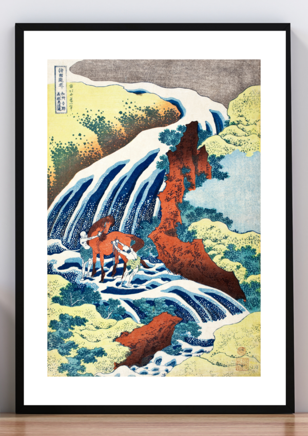 Cuadro la cascada de yoshino en la que se dice que yoshitsune lavó su caballo. Katsushika Hokusai 1832